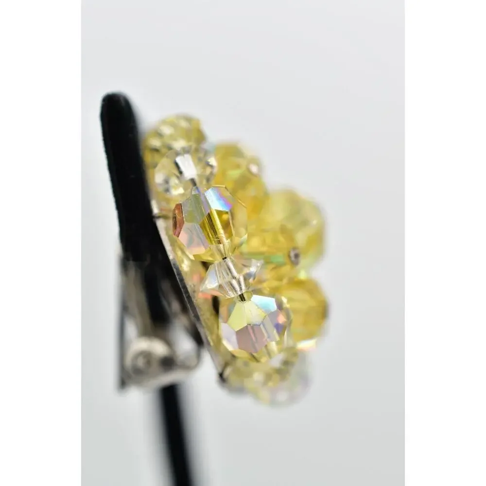Laguna Vintage Clip On Crystal Earrings Yellow AB Cluster Signed Glam 1950s A24